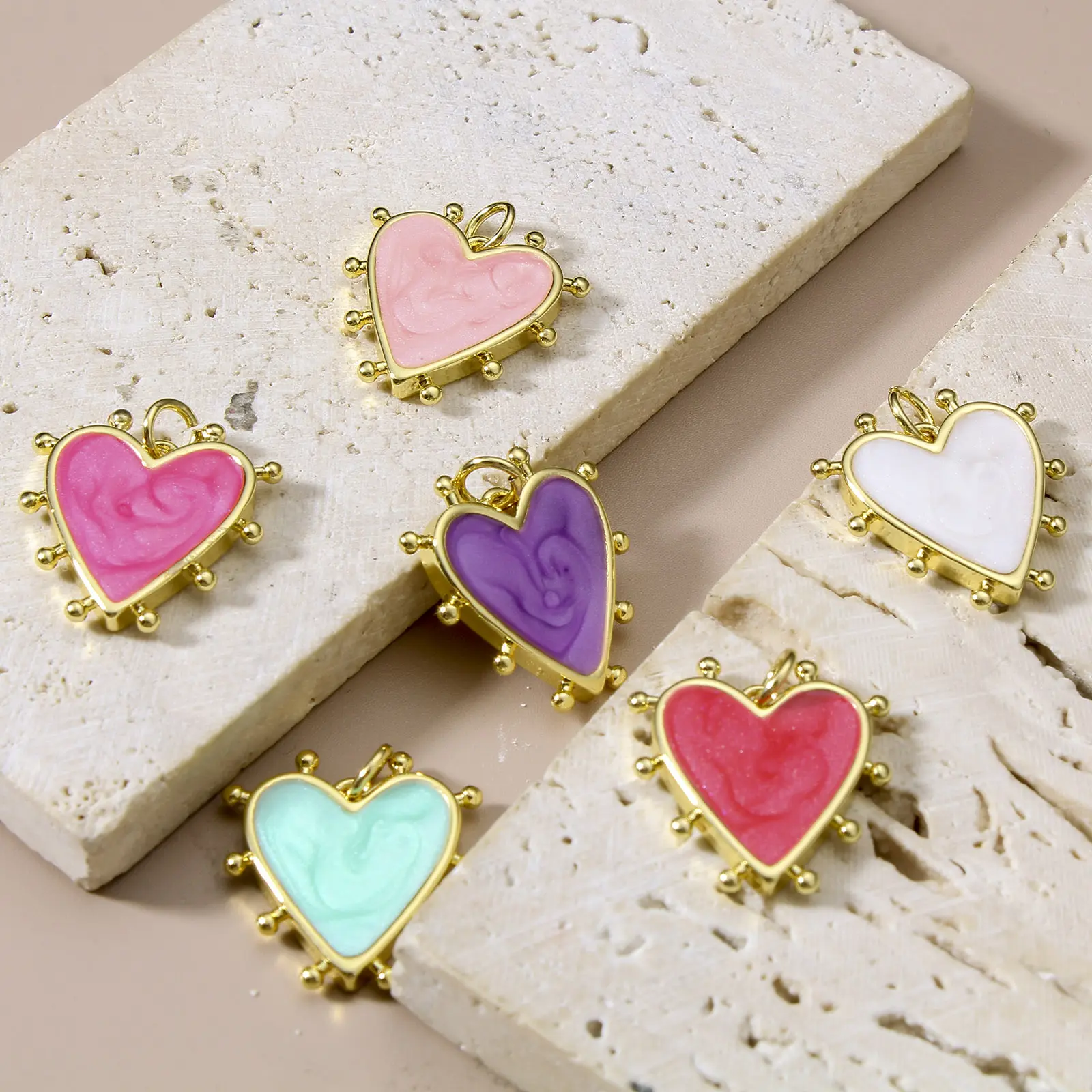 Copper Valentine's Day Charms Gold Color Multicolor Pearlized Heart Enamel Pendants For DIY Jewelry Making 19mm x 18mm, 1 Piece