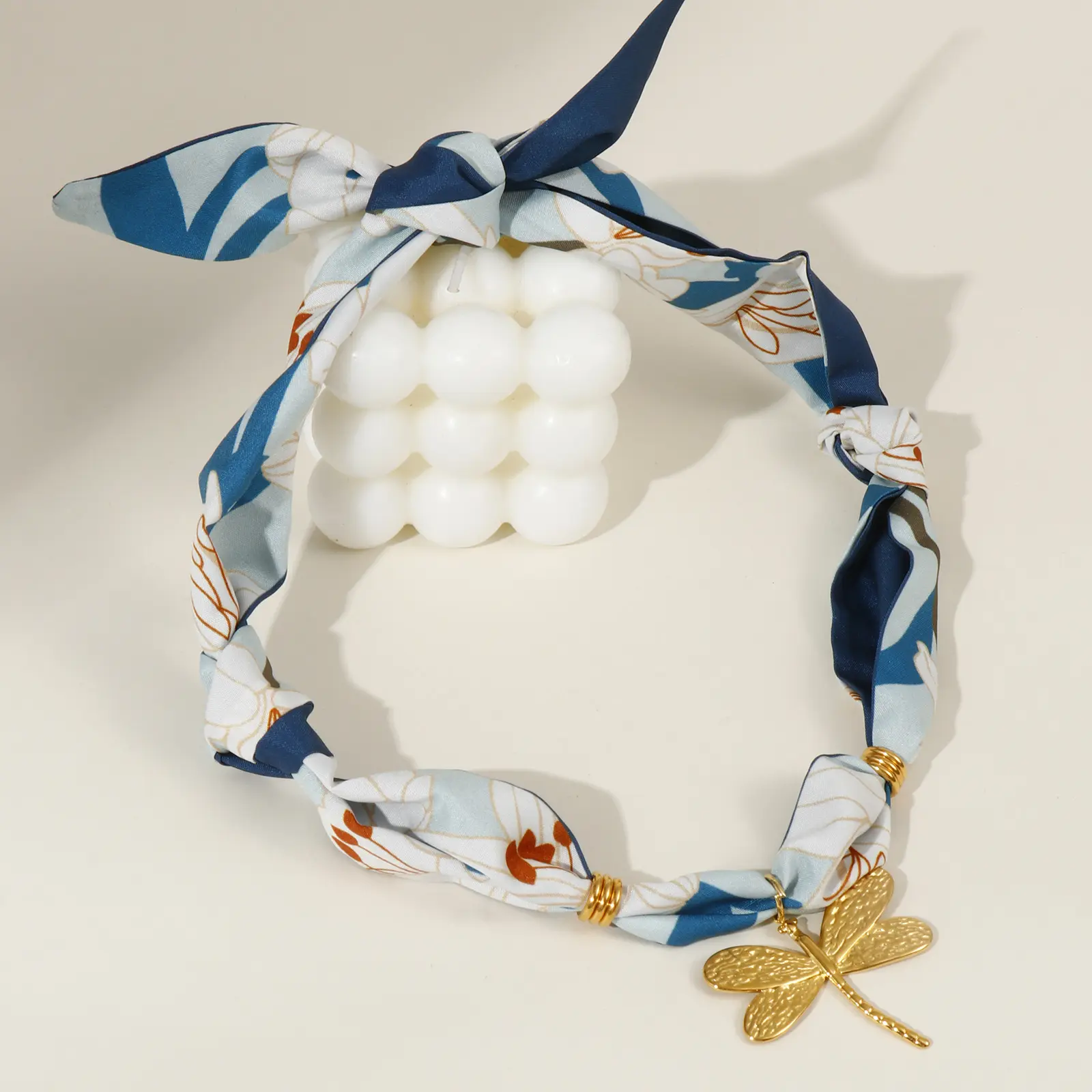 Dragonfly Pendant Charm Scarf Necklace 304 Stainless Steel & Polyester 80cm(31.5") For Women Lily Flower Ink Blue Pastoral Gift