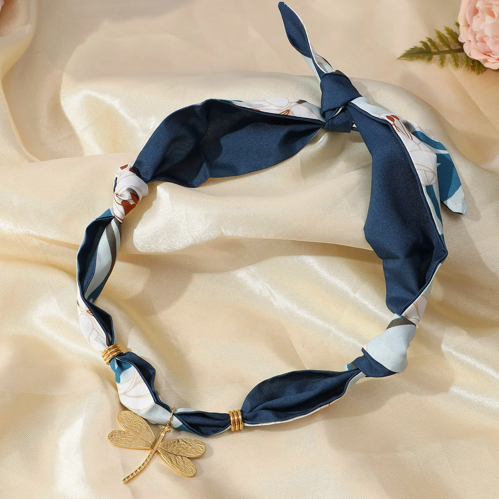 Dragonfly Pendant Charm Scarf Necklace 304 Stainless Steel & Polyester 80cm(31.5") For Women Lily Flower Ink Blue Pastoral Gift