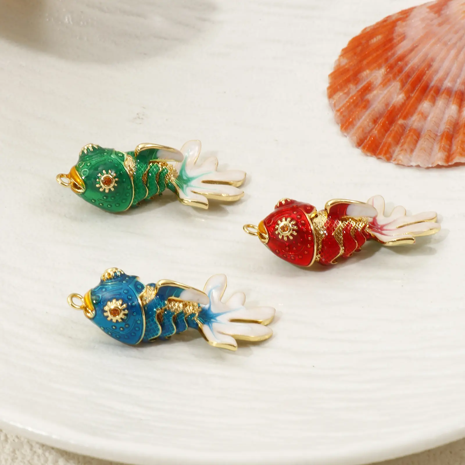 1 Piece Brass Ocean Jewelry Goldfish Pendants 18K Gold Plated Enamel Fish Movable Orange Cubic Zirconia DIY Making 3.6cm x 1.8cm