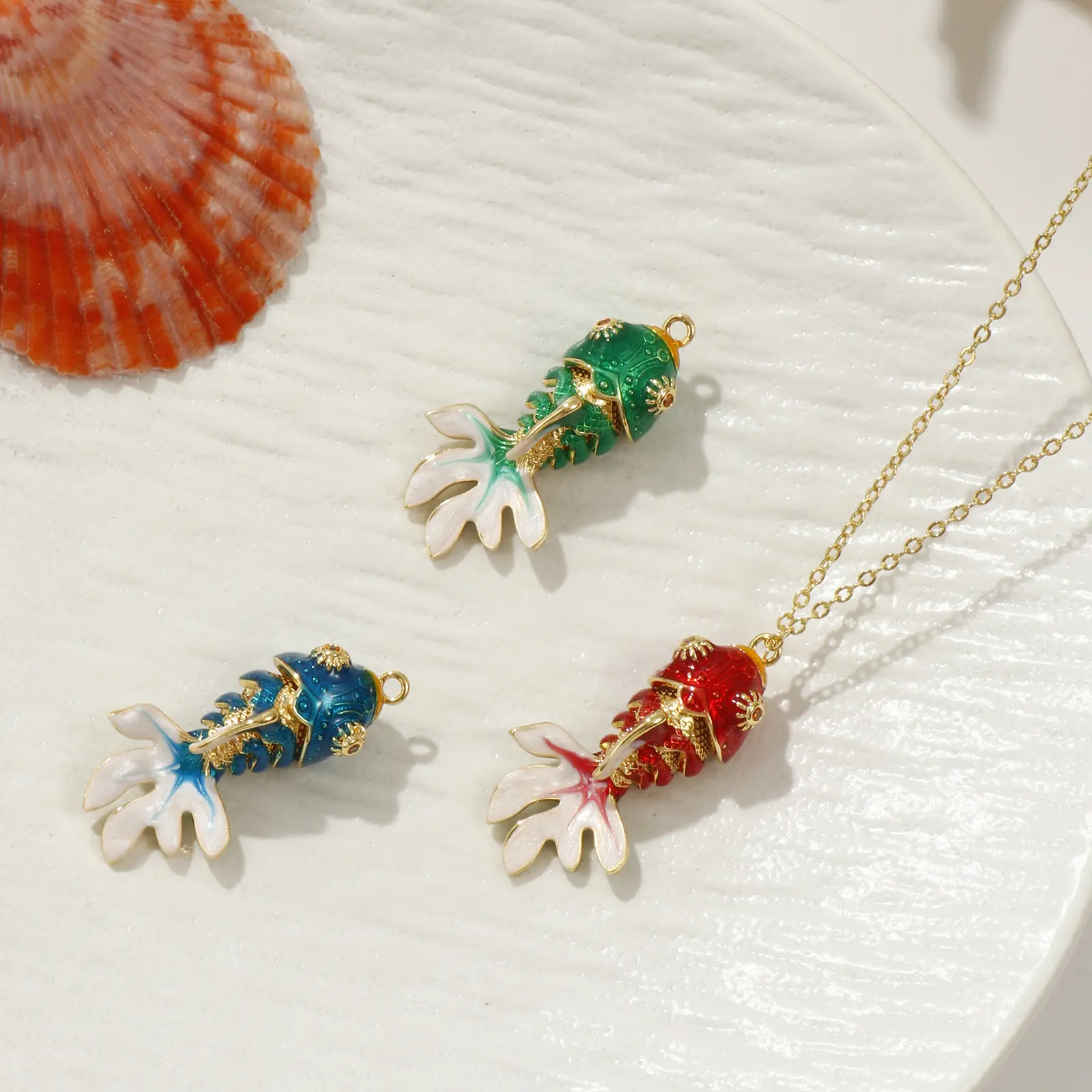1 Piece Brass Ocean Jewelry Goldfish Pendants 18K Gold Plated Enamel Fish Movable Orange Cubic Zirconia DIY Making 3.6cm x 1.8cm
