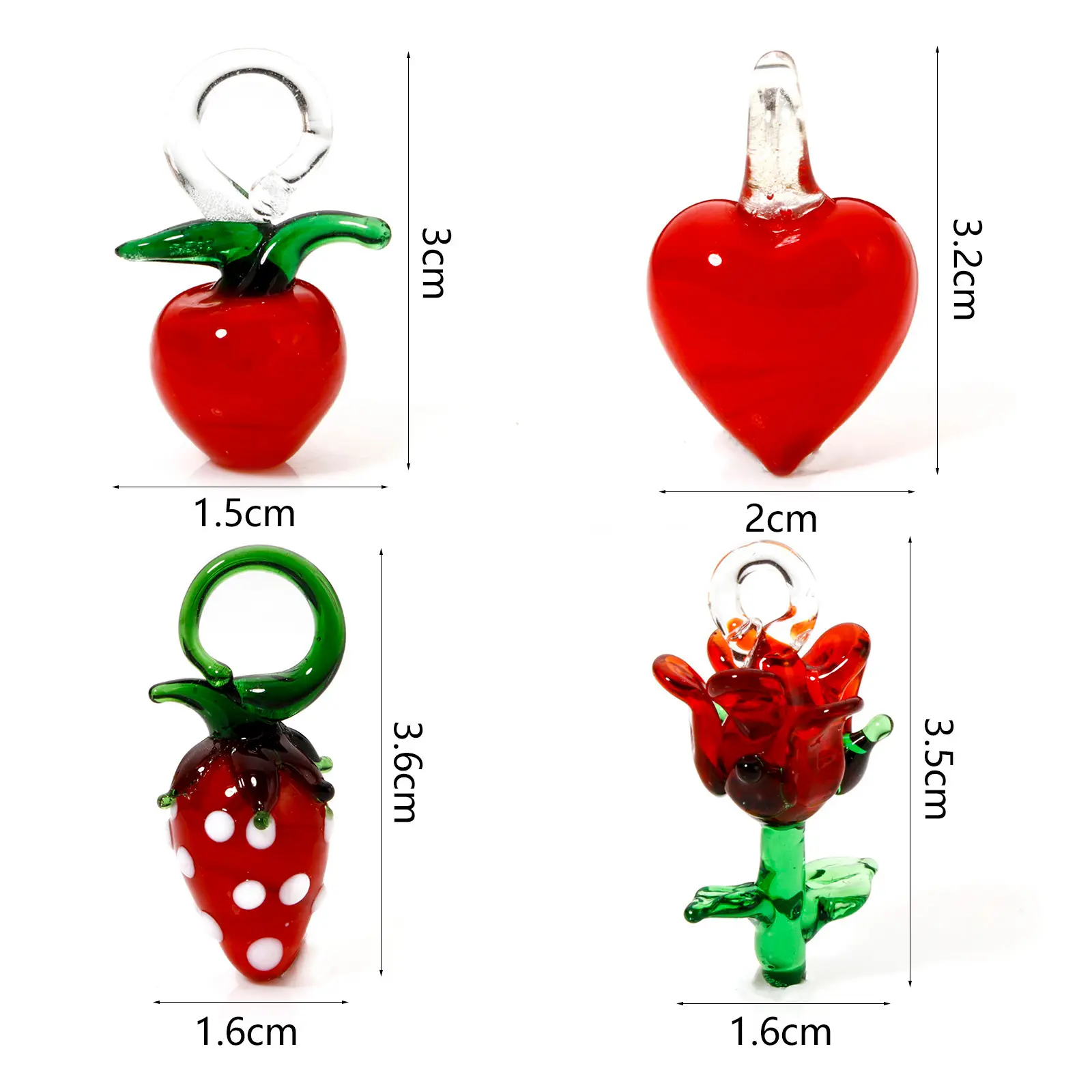 2PCs 3D Cute Lampwork Glass Pendant Red Rose Heart Charms Strawberry Apple Ornaments For DIY Necklace Jewelry Making Findings