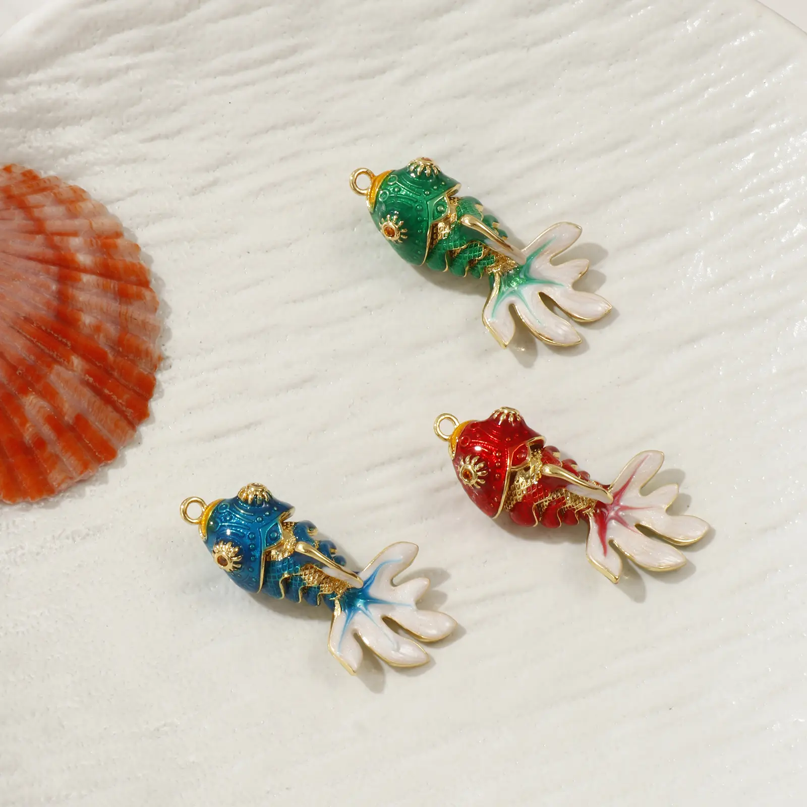 1 Piece Brass Ocean Jewelry Goldfish Pendants 18K Gold Plated Enamel Fish Movable Orange Cubic Zirconia DIY Making 3.6cm x 1.8cm