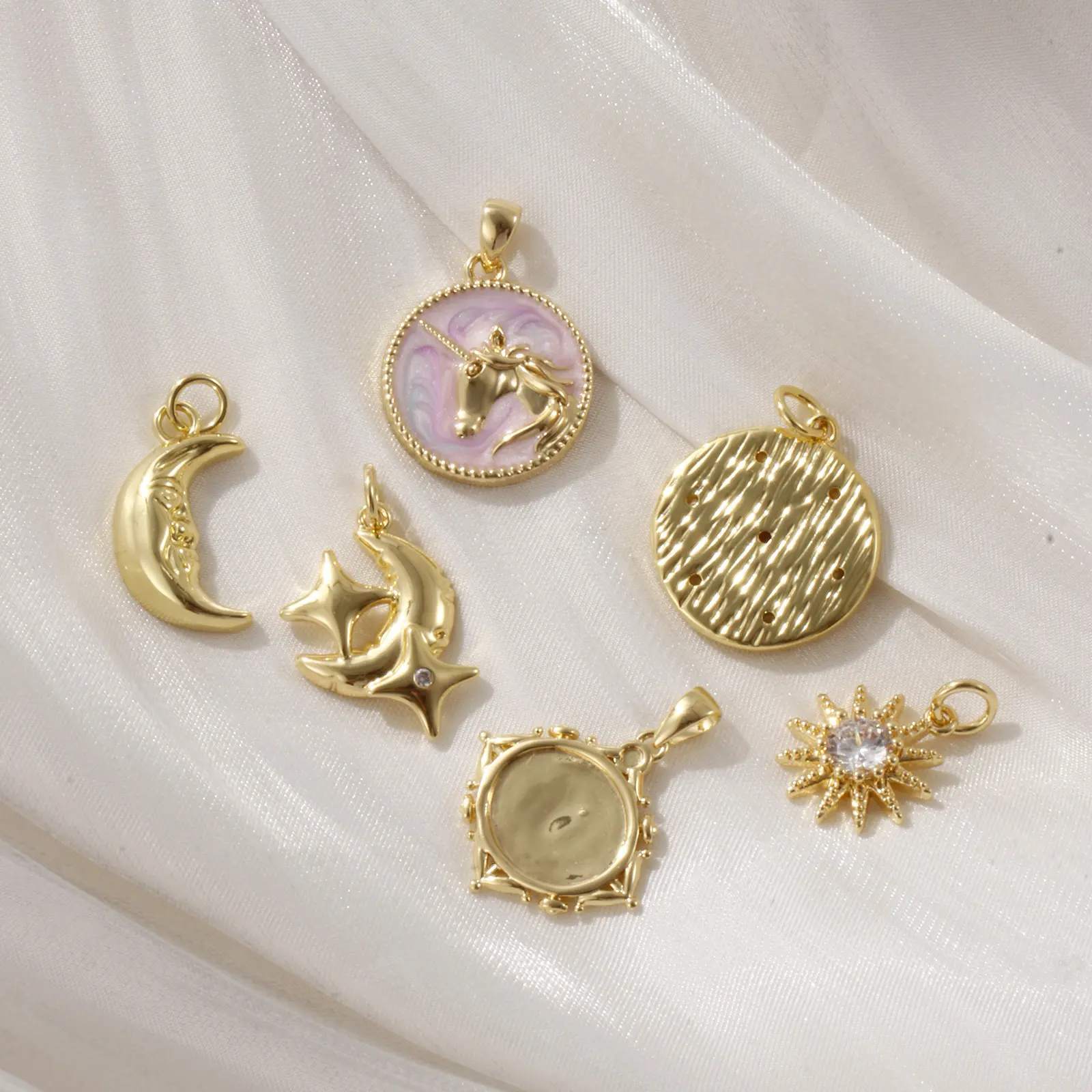 1 Piece Brass Charms 18K Real Gold Plated Round Disc Moon Star Sun Pendant For DIY Necklace Bracelet Jewelry Making