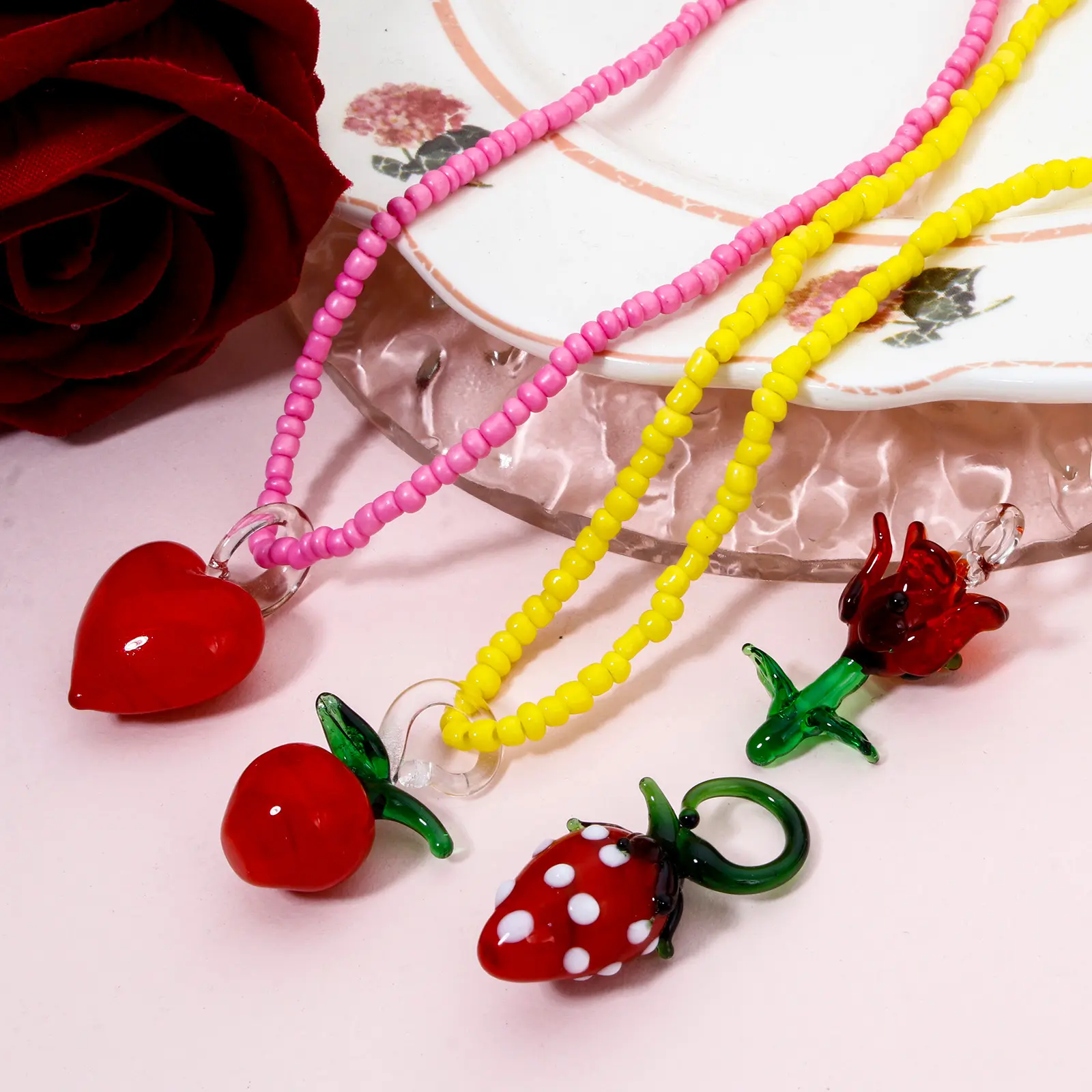 2PCs 3D Cute Lampwork Glass Pendant Red Rose Heart Charms Strawberry Apple Ornaments For DIY Necklace Jewelry Making Findings