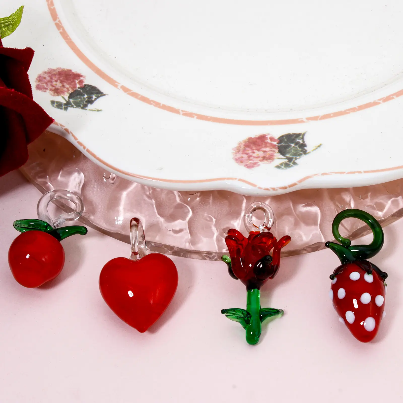 2PCs 3D Cute Lampwork Glass Pendant Red Rose Heart Charms Strawberry Apple Ornaments For DIY Necklace Jewelry Making Findings