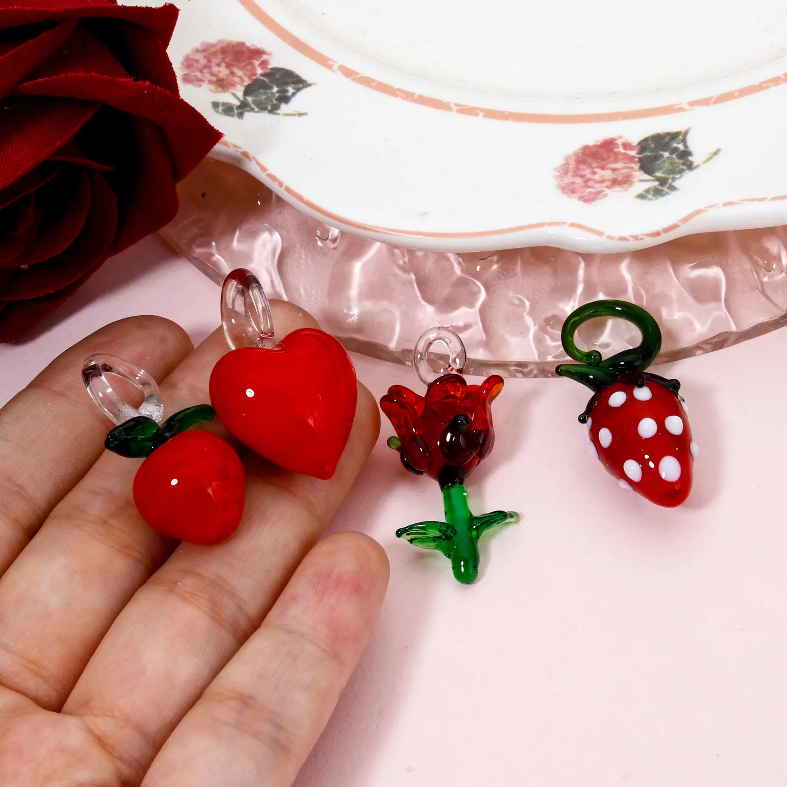 2PCs 3D Cute Lampwork Glass Pendant Red Rose Heart Charms Strawberry Apple Ornaments For DIY Necklace Jewelry Making Findings