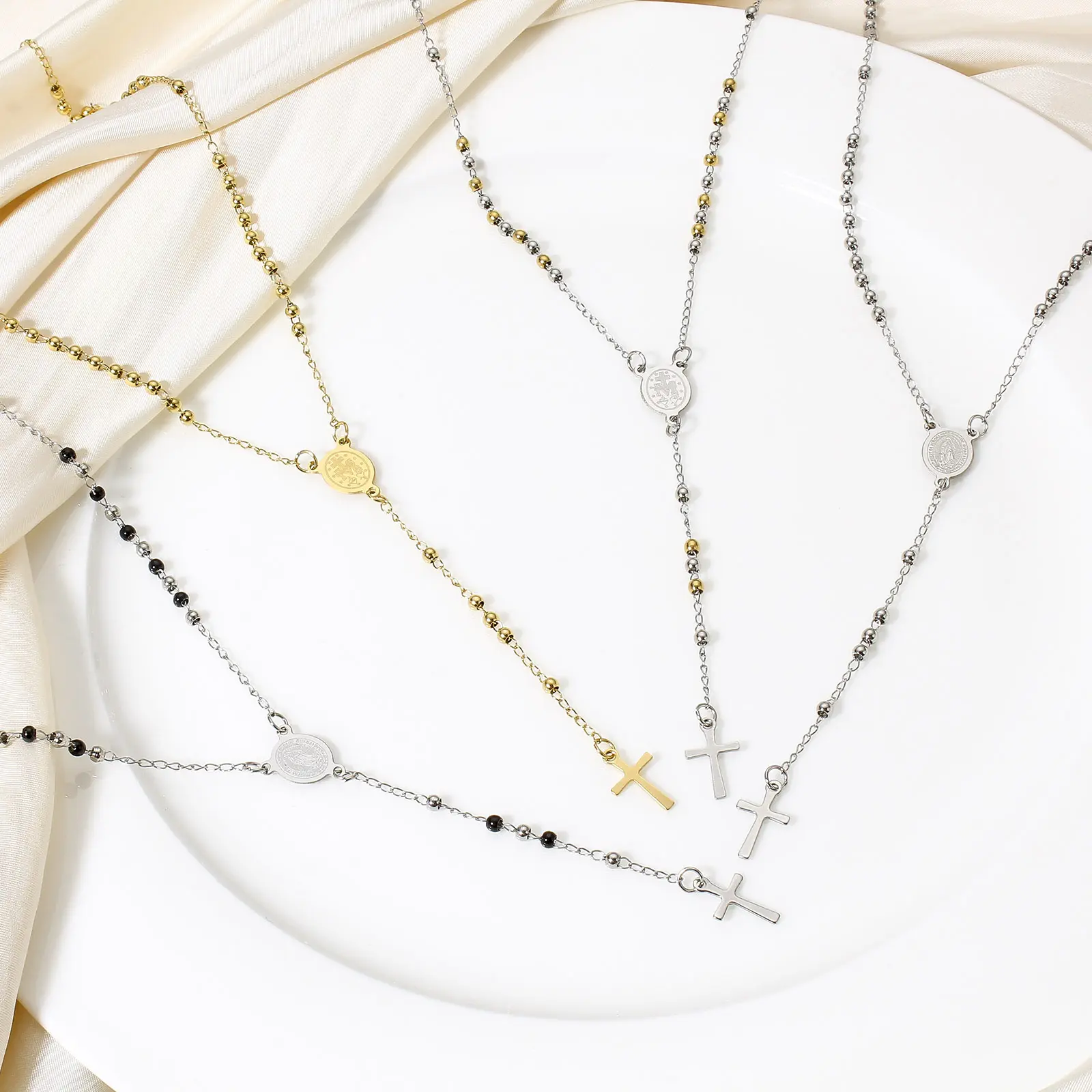 1Piece 304 Stainless Steel Religious Handmade Link Chain Necklace Cross Virgin Mary Charms Necklace For Women Men Gift 53cm Long