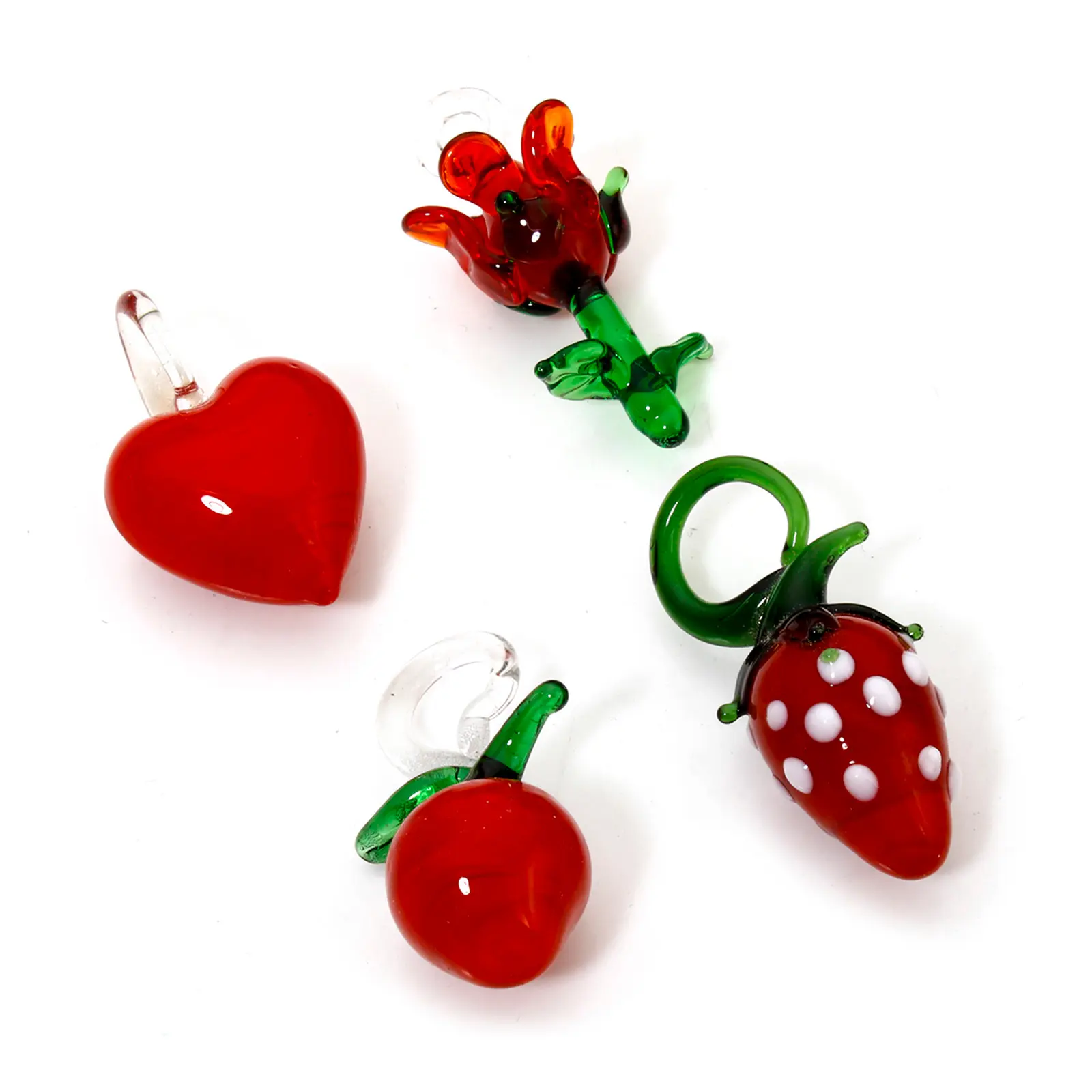 2PCs 3D Cute Lampwork Glass Pendant Red Rose Heart Charms Strawberry Apple Ornaments For DIY Necklace Jewelry Making Findings