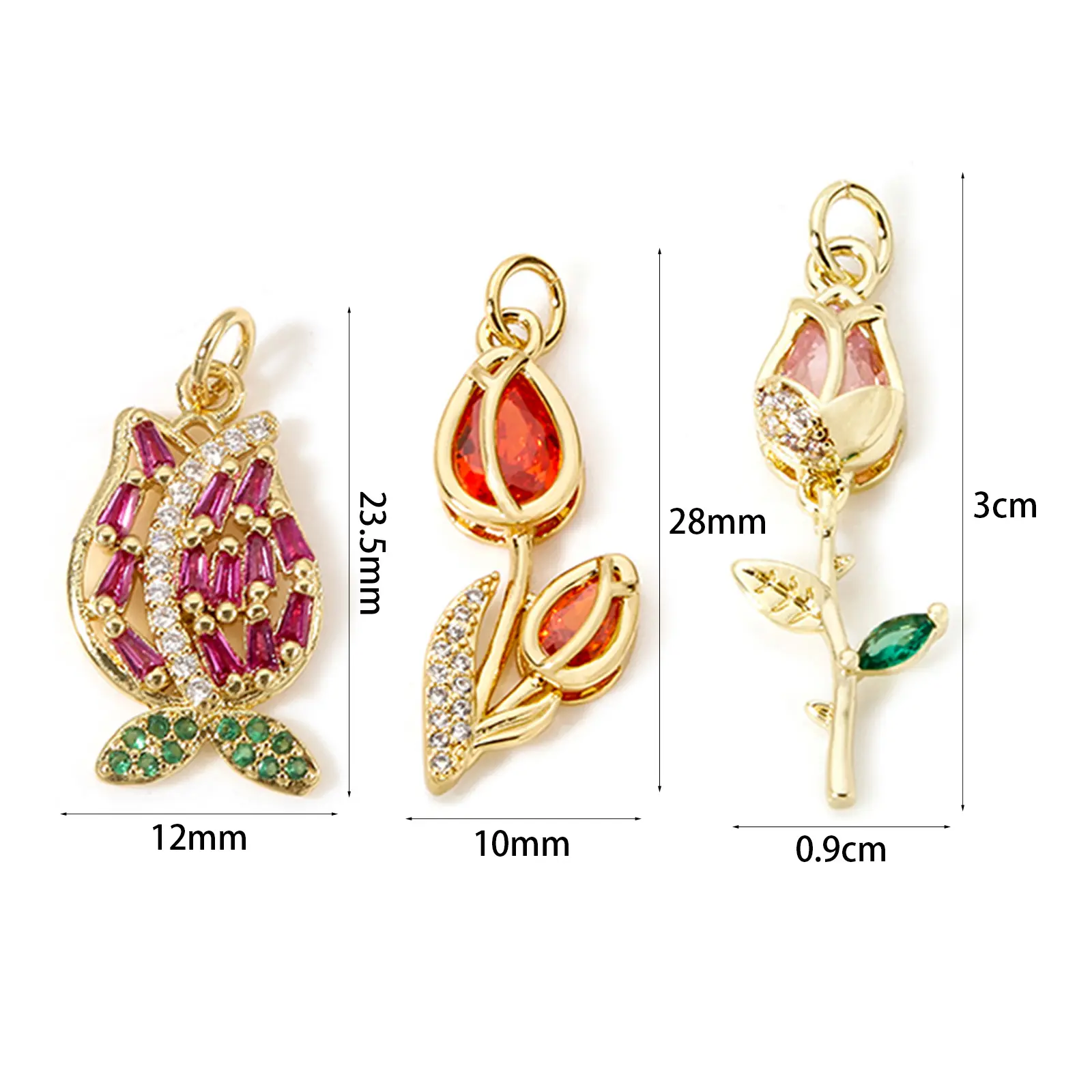 Brass Flora Collection 18K Real Gold Plated Tulip Flower Micro Pave Charms Pendants For DIY Necklace Jewelry Making, 1 Piece