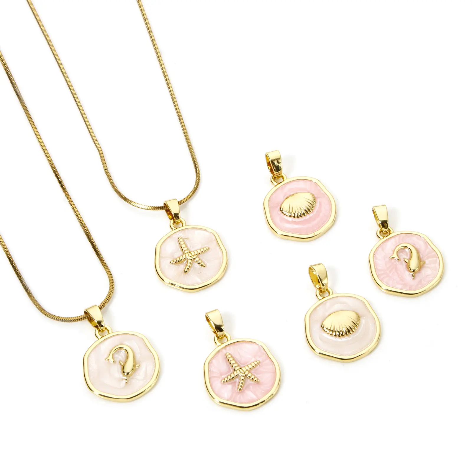 2 PCs Brass Ocean Series Charm Pendant 18K Gold Plated Irregular Enamel Shell Starfish Dolphin For Necklace Making 22mm x 15mm