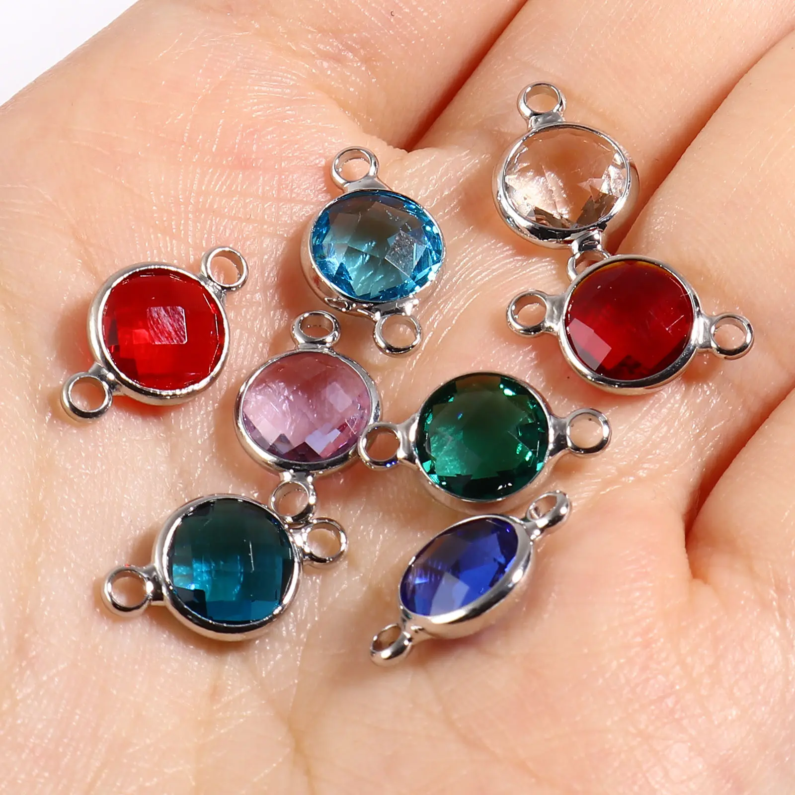 5PCs Copper Birthstone Connectors Multicolor Round Glass Faceted Charms Silver Color DIY Making Necklace Jewelry Gift 15mm x 9mm