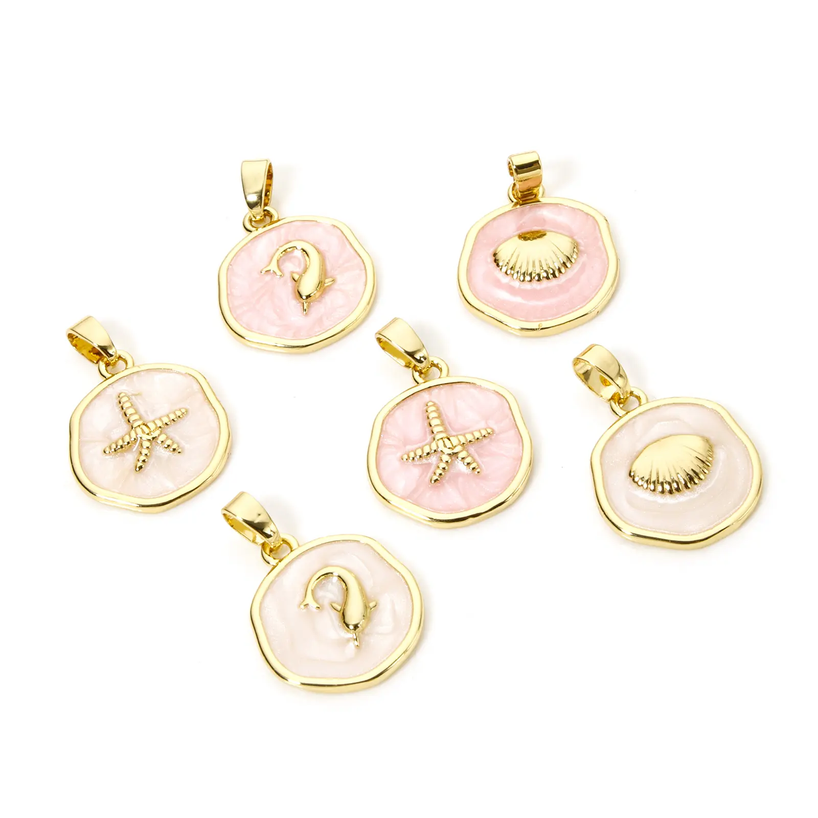 2 PCs Brass Ocean Series Charm Pendant 18K Gold Plated Irregular Enamel Shell Starfish Dolphin For Necklace Making 22mm x 15mm