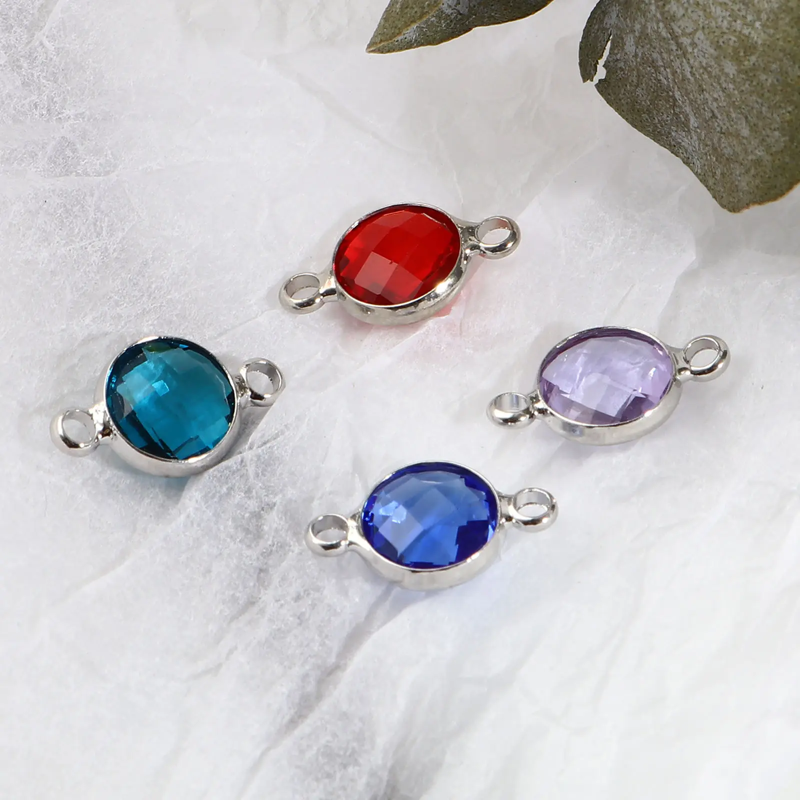 5PCs Copper Birthstone Connectors Multicolor Round Glass Faceted Charms Silver Color DIY Making Necklace Jewelry Gift 15mm x 9mm