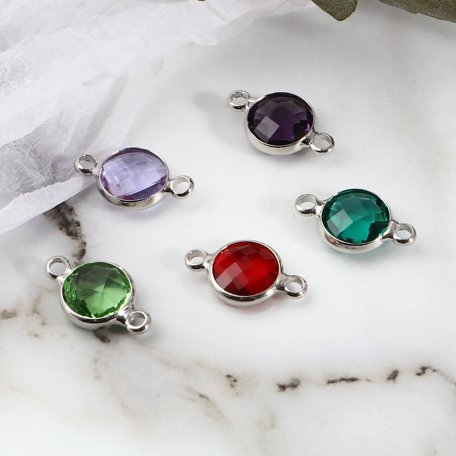 5PCs Copper Birthstone Connectors Multicolor Round Glass Faceted Charms Silver Color DIY Making Necklace Jewelry Gift 15mm x 9mm