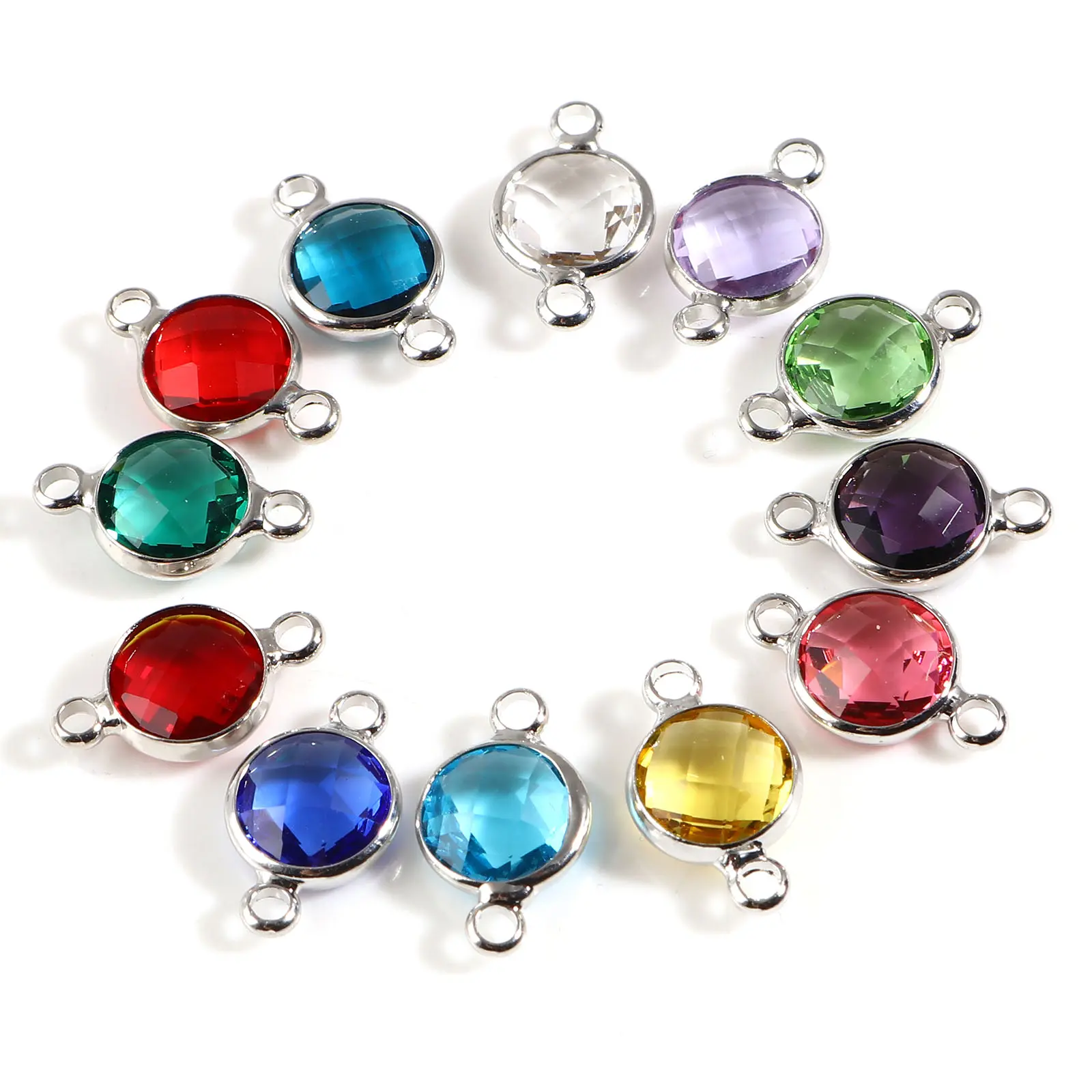 5PCs Copper Birthstone Connectors Multicolor Round Glass Faceted Charms Silver Color DIY Making Necklace Jewelry Gift 15mm x 9mm
