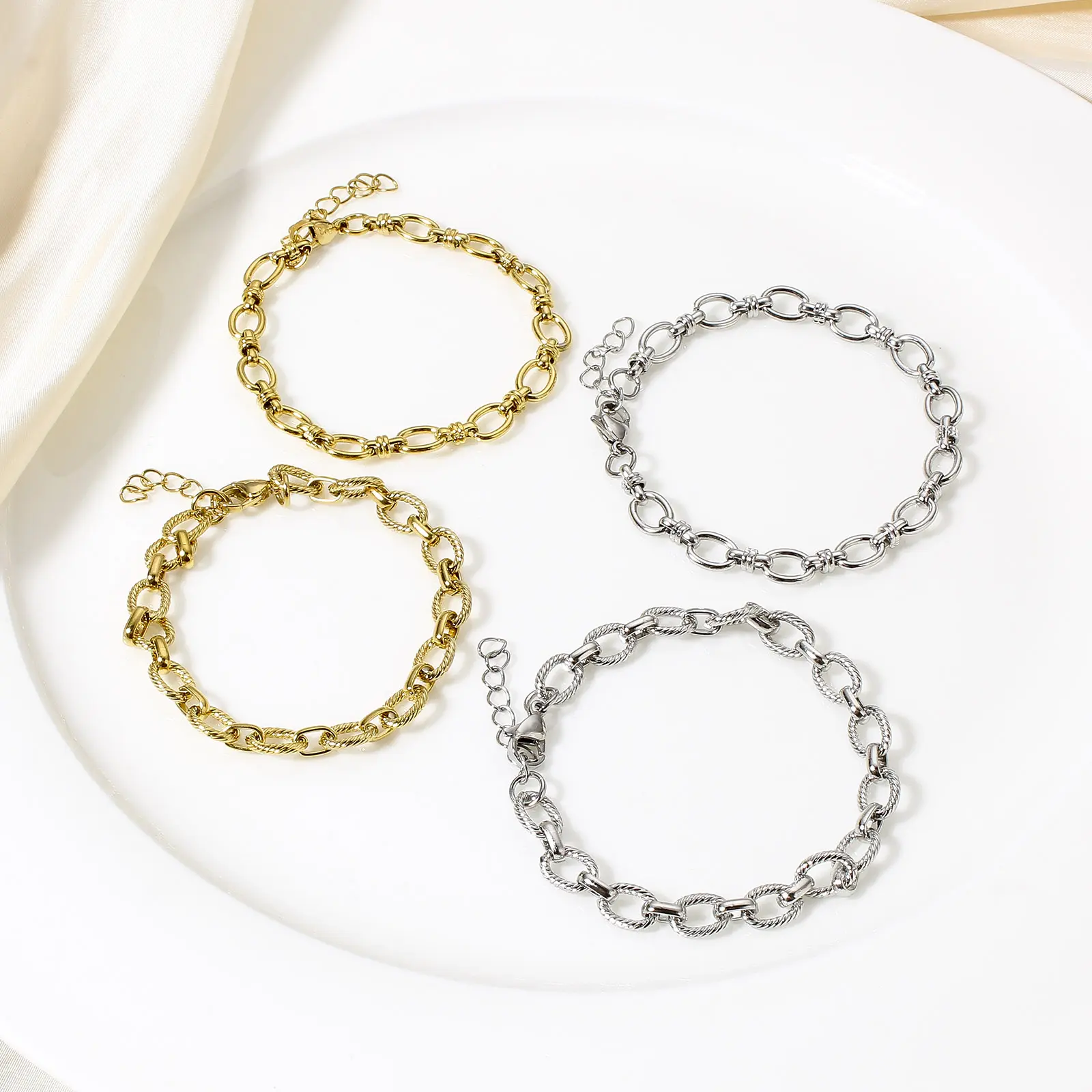 1PC Statement Stainless Steel Oval Chain Bracelet Punk Metal Chain Bracelet Handmade Exquisite For Women Men Jewelry Gift 17.5cm