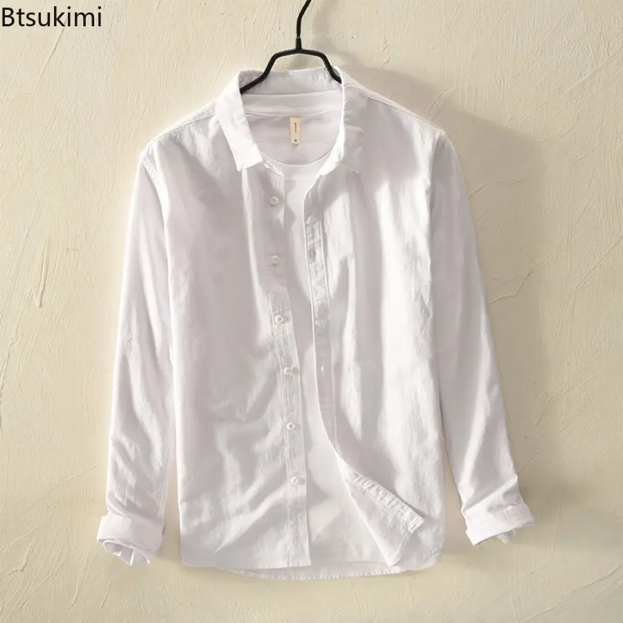 2025 Spring Men's 100% Cotton Long Sleeve Shirts Fashion Simple Solid Casual Shirt Coats Men Loose Daily Vintage All-match Tops