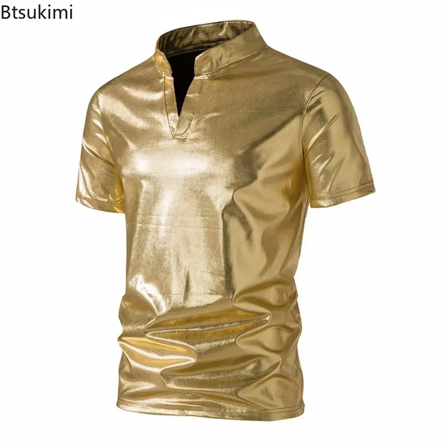 2025 Men's Hipster Glossy Short Sleeve T-shirt Trend Henry Collar 70s Disco Nightclub Party Tees New Men Hip Hop Tops Streetwear