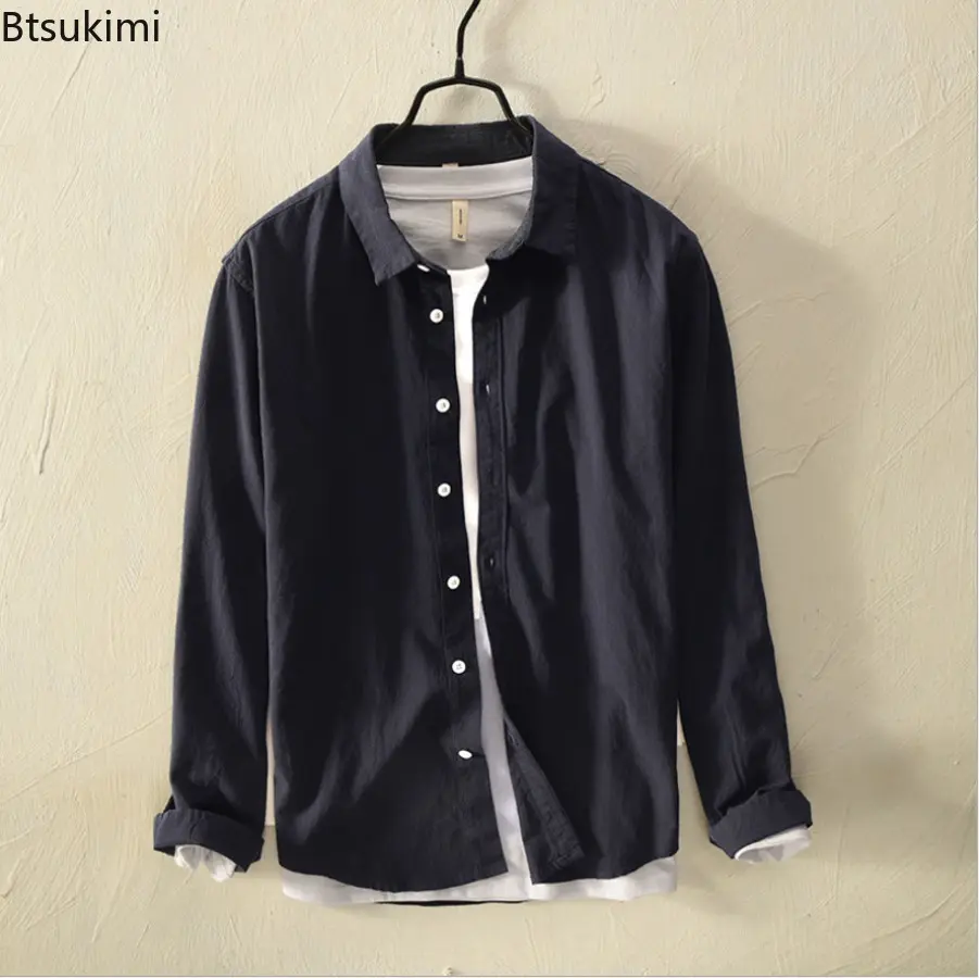 2025 Spring Men's 100% Cotton Long Sleeve Shirts Fashion Simple Solid Casual Shirt Coats Men Loose Daily Vintage All-match Tops