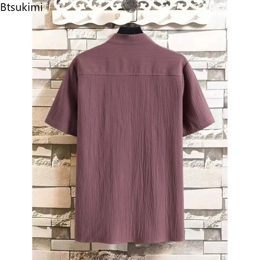 Summer Men's Solid Casual Short-sleeved Shirts Fashion Stand Collar Half Button-up Loose Pullover Tops Male Blouse Plus Size 5XL