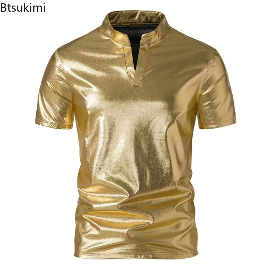 2025 Men's Hipster Glossy Short Sleeve T-shirt Trend Henry Collar 70s Disco Nightclub Party Tees New Men Hip Hop Tops Streetwear