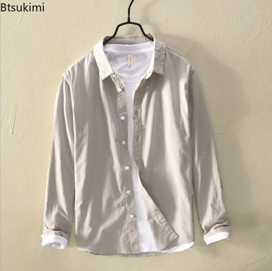 2025 Spring Men's 100% Cotton Long Sleeve Shirts Fashion Simple Solid Casual Shirt Coats Men Loose Daily Vintage All-match Tops