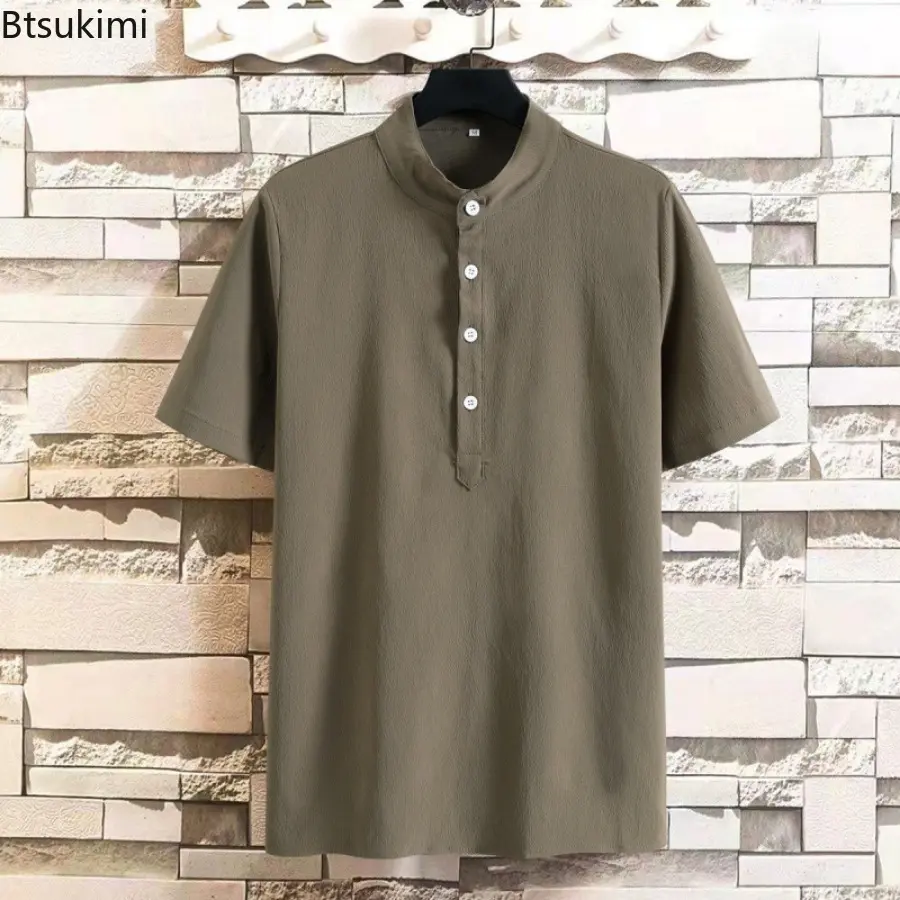 Summer Men's Solid Casual Short-sleeved Shirts Fashion Stand Collar Half Button-up Loose Pullover Tops Male Blouse Plus Size 5XL
