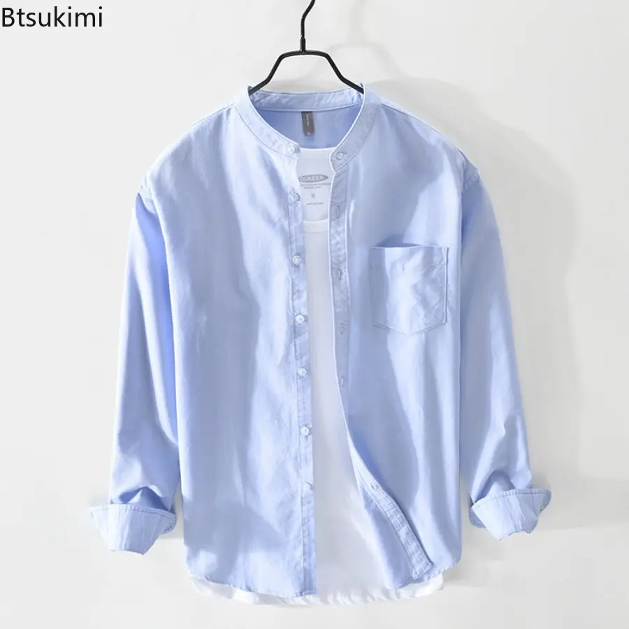 2025 Spring Men's 100% Cotton Long Sleeve Shirts Fashion Simple Solid Casual Shirt Coats Men Loose Daily Vintage All-match Tops