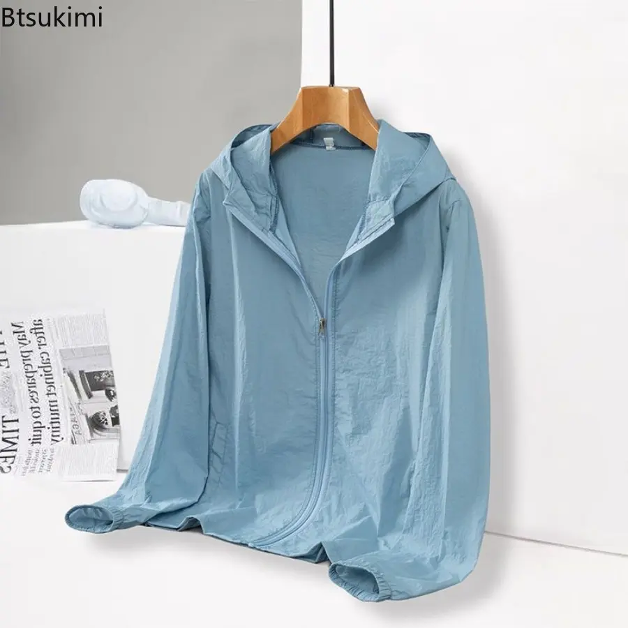 2025 Youth Sunscreen Clothing Men UV Resistant Solid Print Zipper Pockets Hood Breathable Loose Summer Skin Clothing Thin Coat