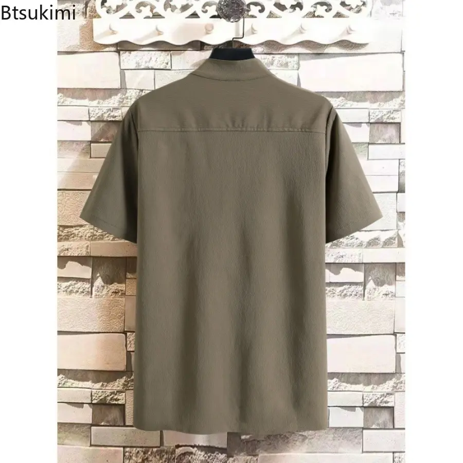 Summer Men's Solid Casual Short-sleeved Shirts Fashion Stand Collar Half Button-up Loose Pullover Tops Male Blouse Plus Size 5XL