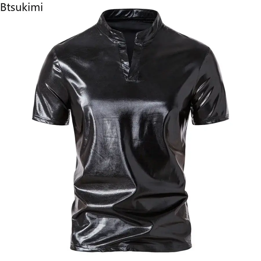 2025 Men's Hipster Glossy Short Sleeve T-shirt Trend Henry Collar 70s Disco Nightclub Party Tees New Men Hip Hop Tops Streetwear