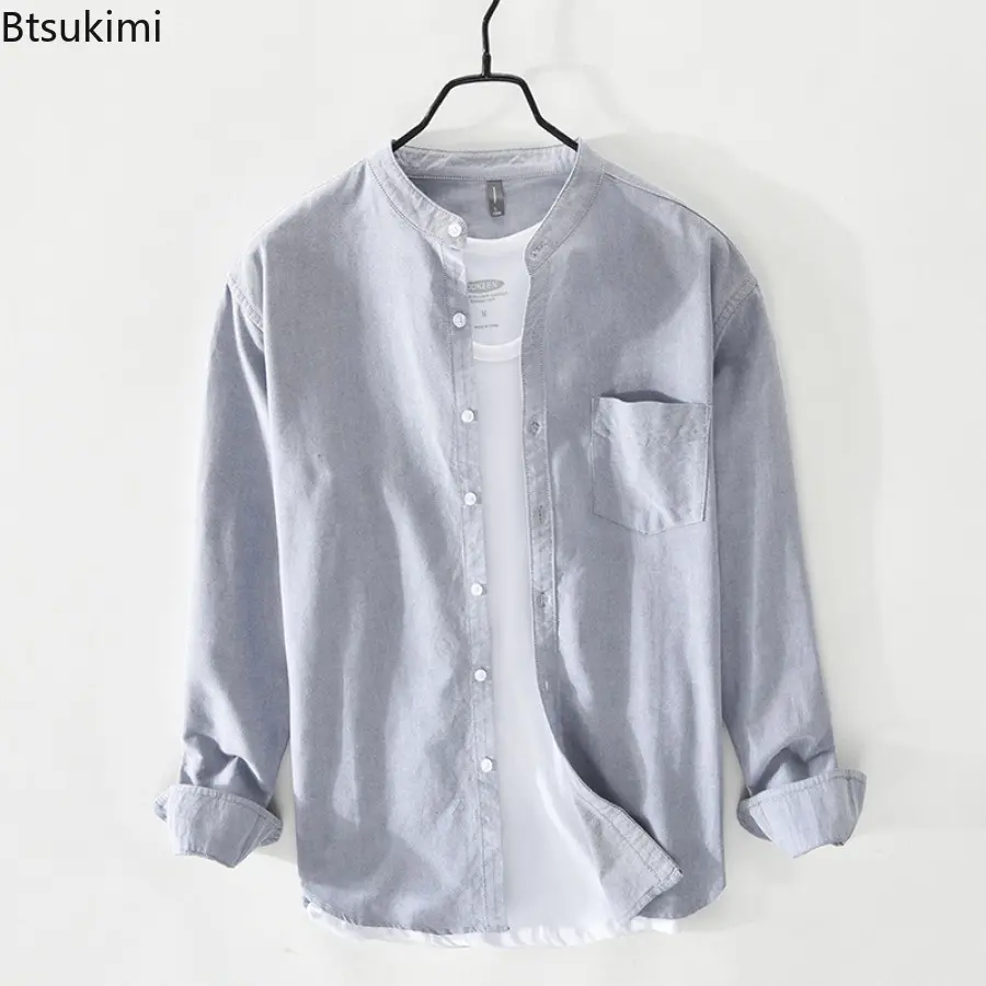 2025 Spring Men's 100% Cotton Long Sleeve Shirts Fashion Simple Solid Casual Shirt Coats Men Loose Daily Vintage All-match Tops