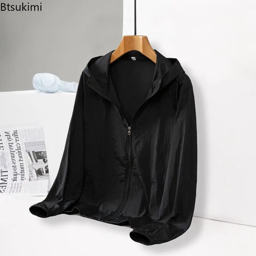 2025 Youth Sunscreen Clothing Men UV Resistant Solid Print Zipper Pockets Hood Breathable Loose Summer Skin Clothing Thin Coat