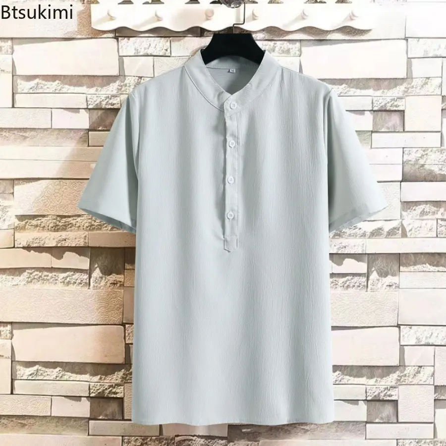 Summer Men's Solid Casual Short-sleeved Shirts Fashion Stand Collar Half Button-up Loose Pullover Tops Male Blouse Plus Size 5XL