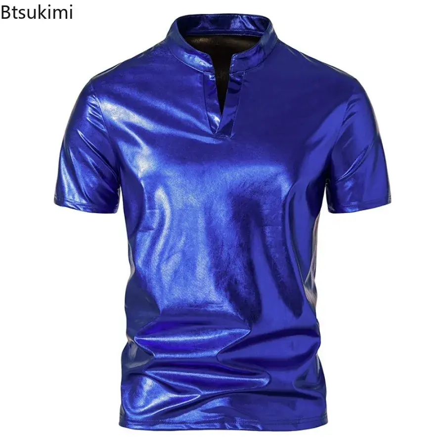 2025 Men's Hipster Glossy Short Sleeve T-shirt Trend Henry Collar 70s Disco Nightclub Party Tees New Men Hip Hop Tops Streetwear