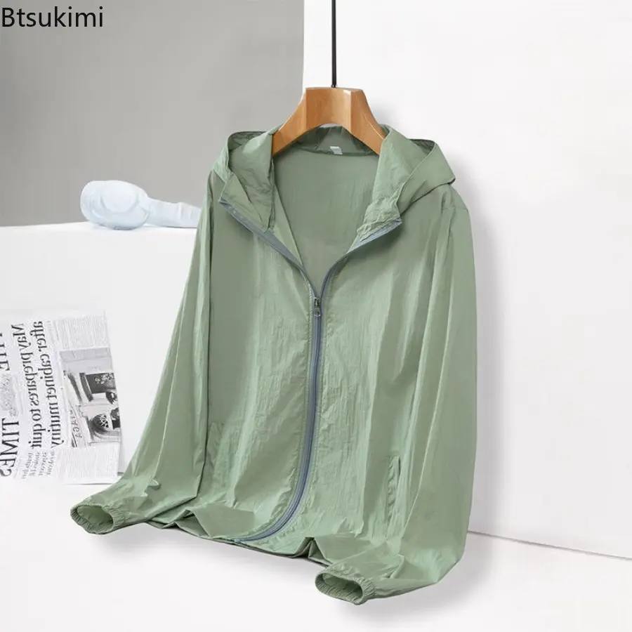 2025 Youth Sunscreen Clothing Men UV Resistant Solid Print Zipper Pockets Hood Breathable Loose Summer Skin Clothing Thin Coat