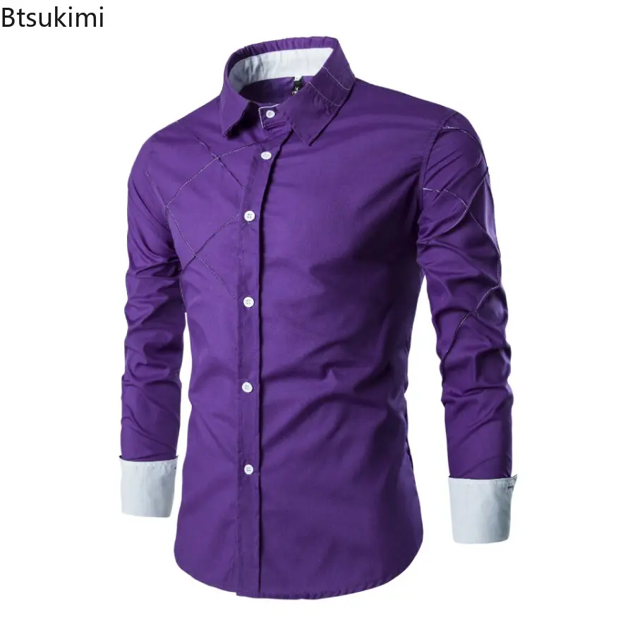 New 2025 Men's Patchwork Slim Fit Long Sleeve Lapel Shirts Men Cotton Single Breasted Business Style Formal Shirts Male Camisas
