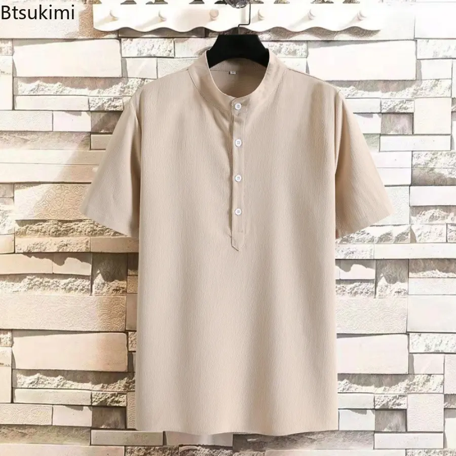 Summer Men's Solid Casual Short-sleeved Shirts Fashion Stand Collar Half Button-up Loose Pullover Tops Male Blouse Plus Size 5XL