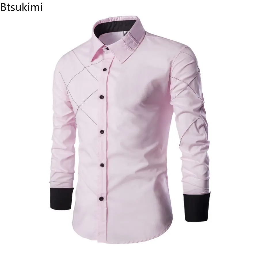 New 2025 Men's Patchwork Slim Fit Long Sleeve Lapel Shirts Men Cotton Single Breasted Business Style Formal Shirts Male Camisas