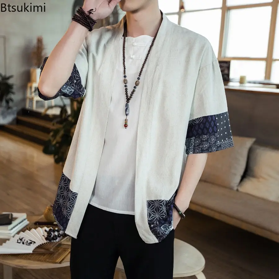2025 Men's Hanfu Ancient Style Open Collar Loose Cotton and Linen Windbreaker Jacket 3/4 Sleeves Open Casual Summer Shirt Jacket
