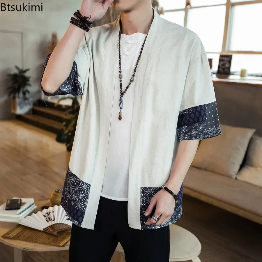 2025 Men's Hanfu Ancient Style Open Collar Loose Cotton and Linen Windbreaker Jacket 3/4 Sleeves Open Casual Summer Shirt Jacket