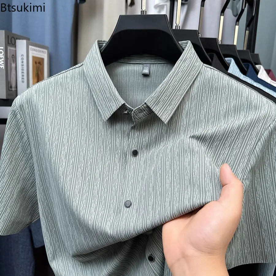 Men's Summer Ice Silk Fit Short Sleeve Dress Shirt Premium Solid Colors Business Casual Shirts for Men Breathable Loose Top Male