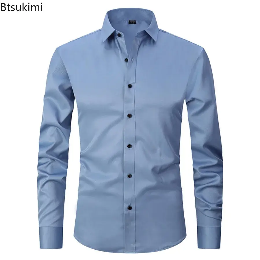 High-end Men's Solid Slim Fit Business Dress Shirts Fashion New Long Sleeve Casual Social Shirt 2025 Men Formal Clothing Blouses