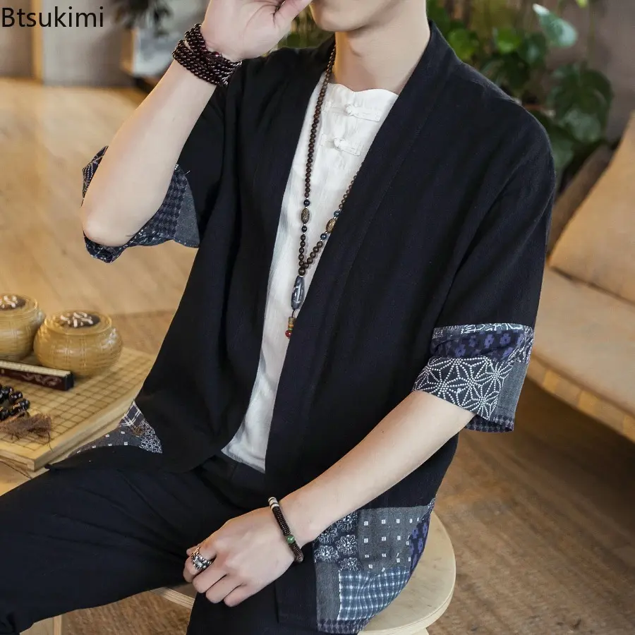 2025 Men's Hanfu Ancient Style Open Collar Loose Cotton and Linen Windbreaker Jacket 3/4 Sleeves Open Casual Summer Shirt Jacket