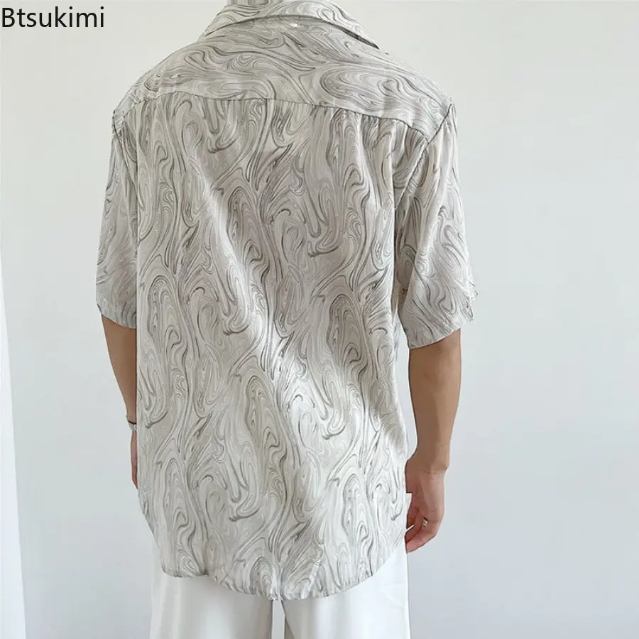 Trend Lapel Short Sleeve Shirt for Men Fashion Printed Irregular Pattern Loose Casual Cardigan Men Vintage Beach Vacation Blouse