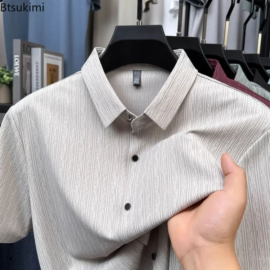 Men's Summer Ice Silk Fit Short Sleeve Dress Shirt Premium Solid Colors Business Casual Shirts for Men Breathable Loose Top Male