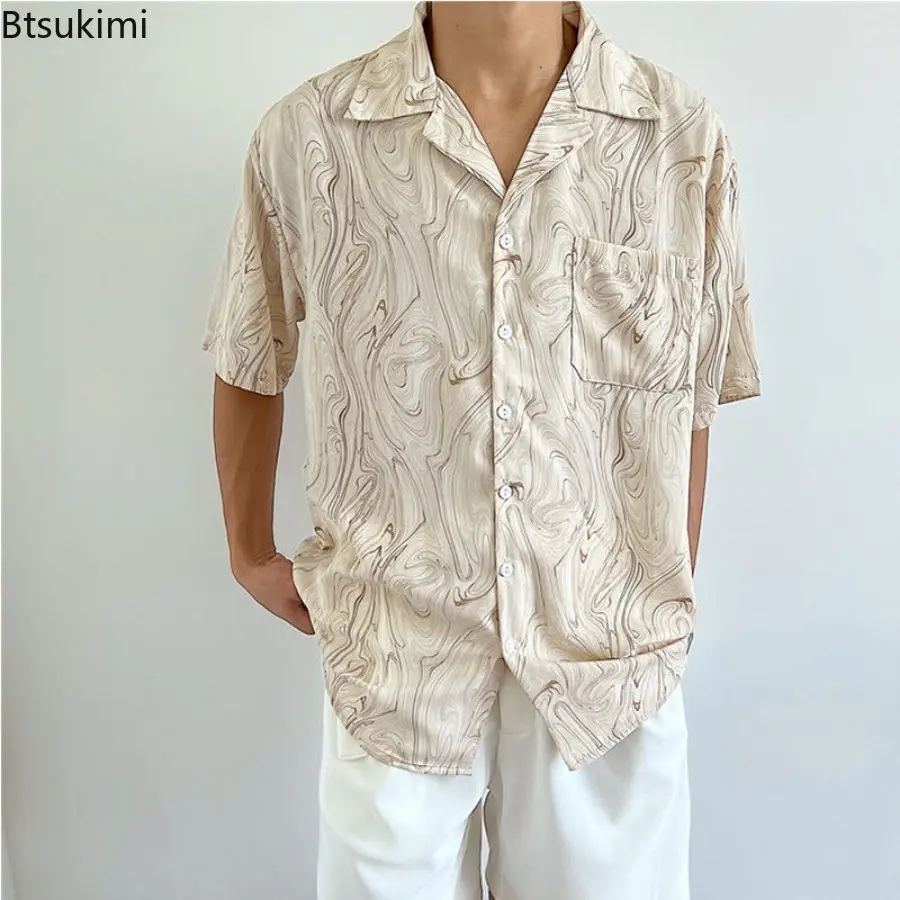 Trend Lapel Short Sleeve Shirt for Men Fashion Printed Irregular Pattern Loose Casual Cardigan Men Vintage Beach Vacation Blouse