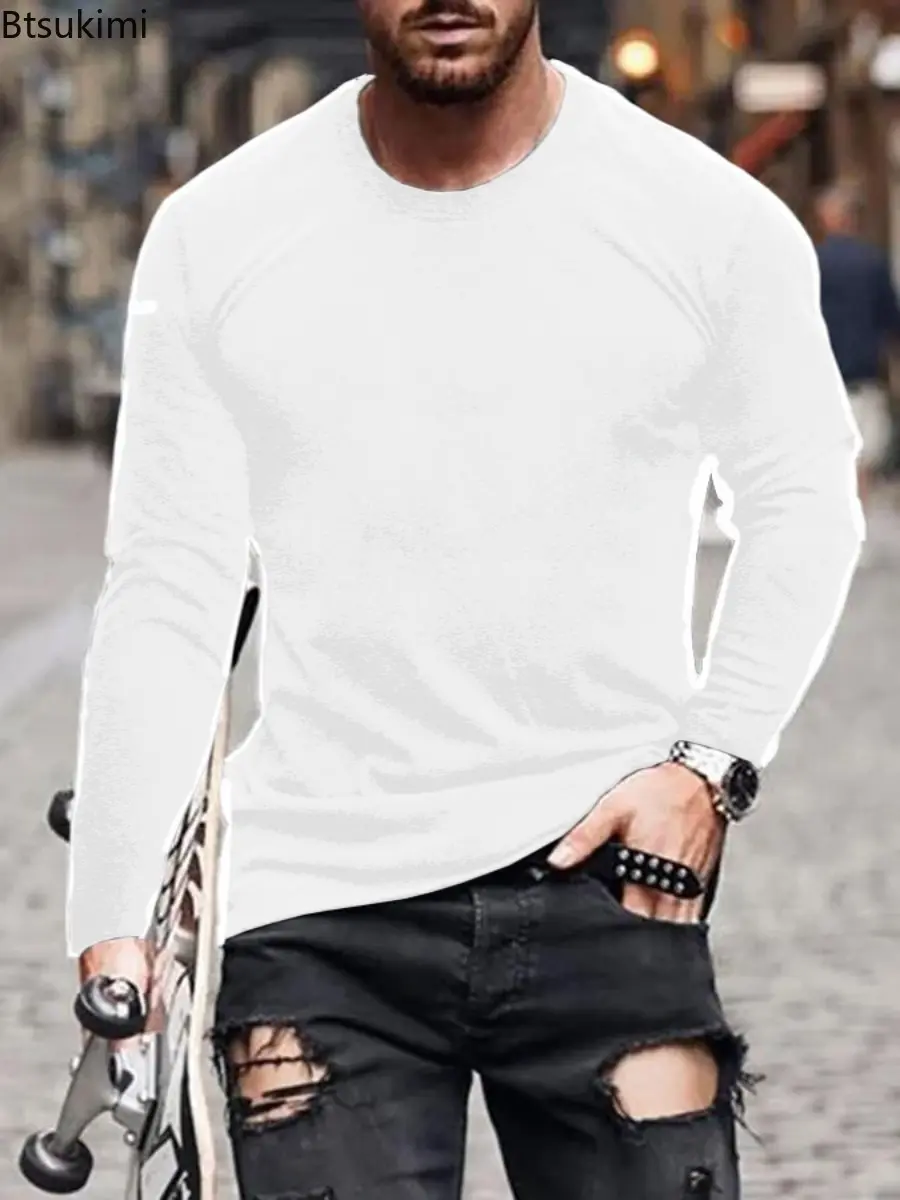 2025 Men's Round Neck Long Sleeved T-shirt Solid Color Casual Slim Fit Top for Men Spring and Autumn Fashion Hooded Shirt Male