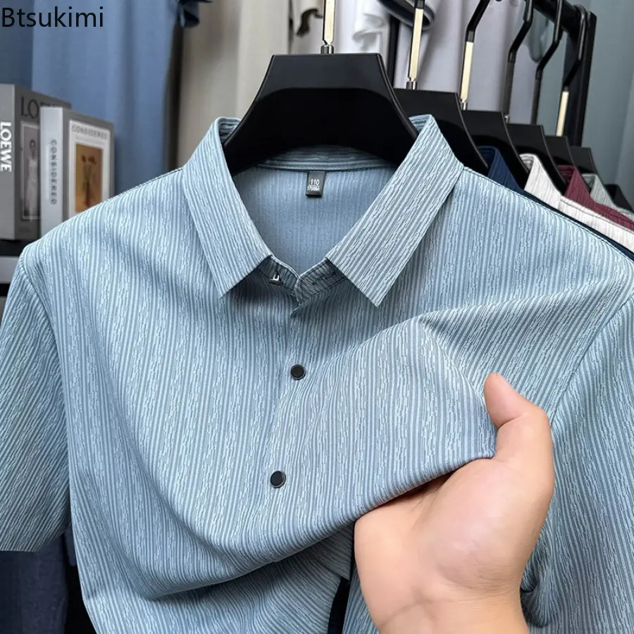 Men's Summer Ice Silk Fit Short Sleeve Dress Shirt Premium Solid Colors Business Casual Shirts for Men Breathable Loose Top Male